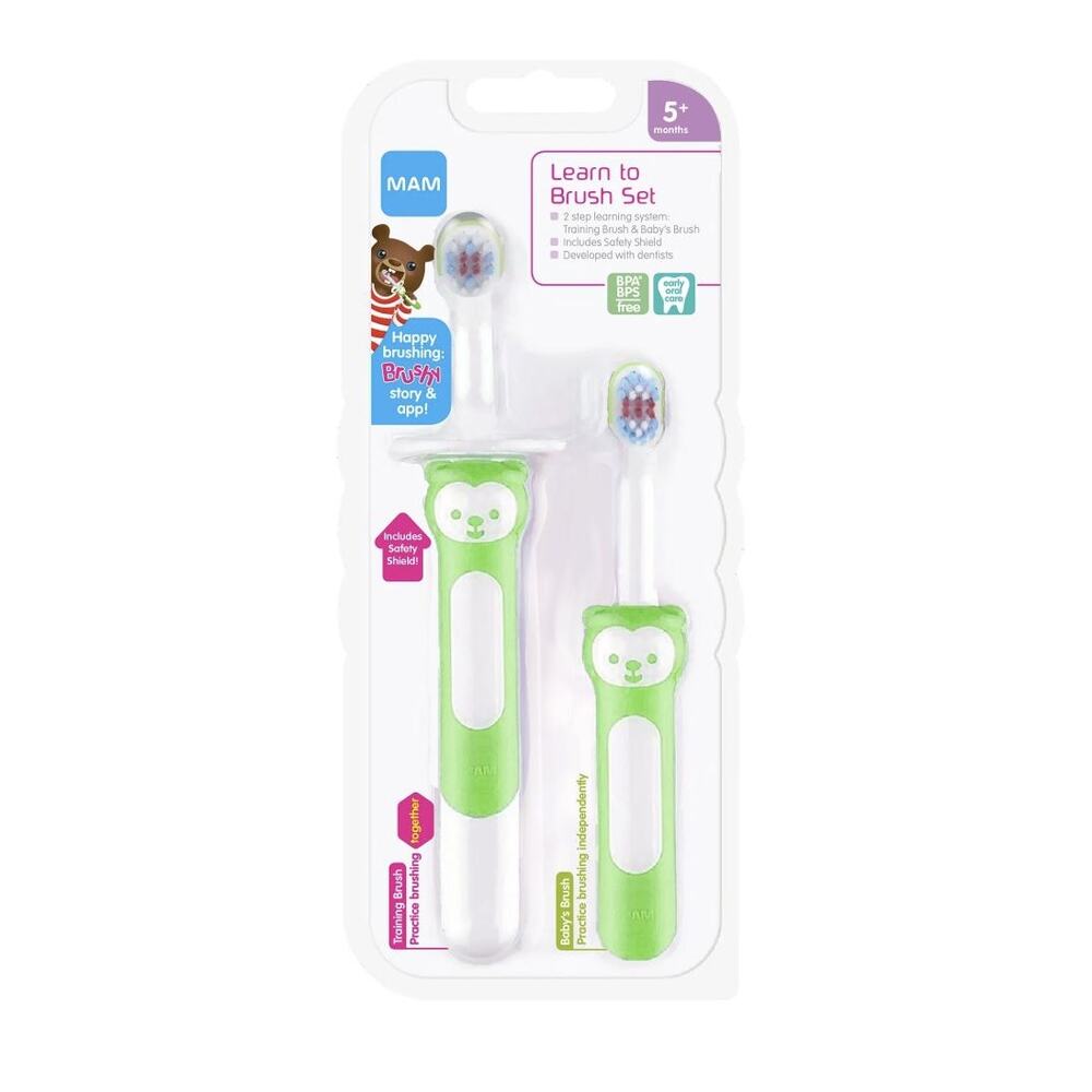 NEW MAM Green Learn to Brush‎ Toothbrush set for baby 5+ months Training Shield!